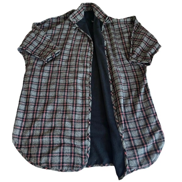 Vtg Plaid Fleece Lined Reversible Long Shacket Plus OS One Button Closure Gray - Picture 3 of 13